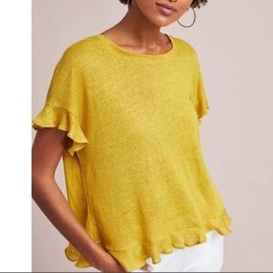 Anthropologie Eri + Ali Yellow Linen Ruffle Sleeve XS Top